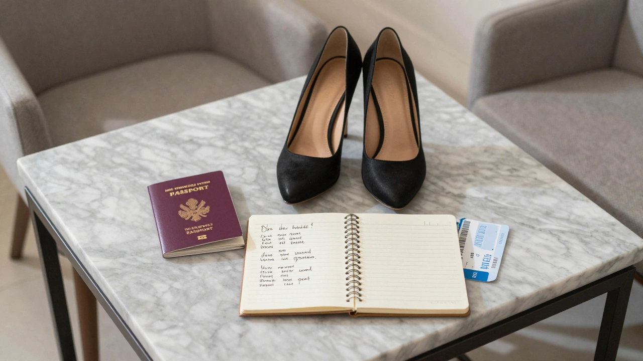 High-heeled shoes, a passport, and a notebook on marble, symbolizing personal freedom and departure.