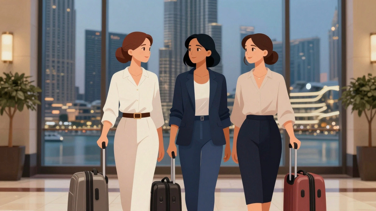 Three Eastern European women standing together in a Dubai hotel lobby, smiling quietly.